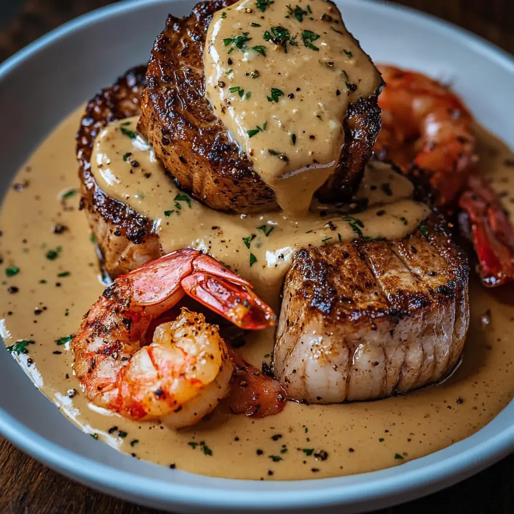 Surf and Turf with Garlic Cream Sauce